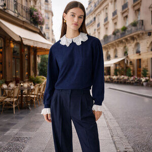 J.CREW NWT Lace-Collar 100% Cotton Crewneck Sweatshirt in Navy Size S